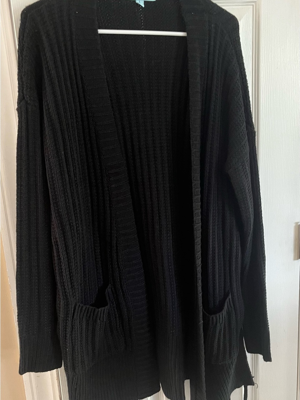 She + Sky Black Ribbed Open-Front Cardigan with Pockets
